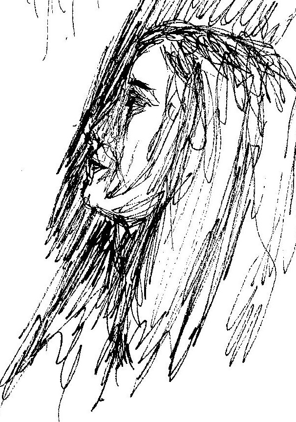 Emily Grossman watching herself on screen - I was so shocked by what we were watching I failed to capture a likeness at all!