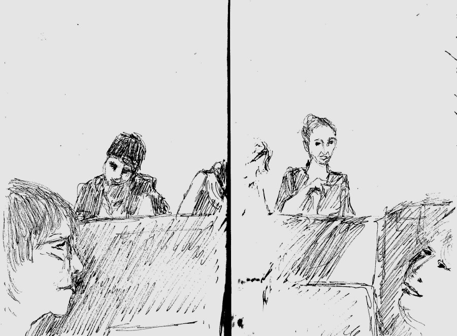 Opening panel getting ready, Shami Chakrabarti, Lisa Alabash, Kate Smurthwaite with heroic Speech-text women in foreground - Feminism in London conf 2015